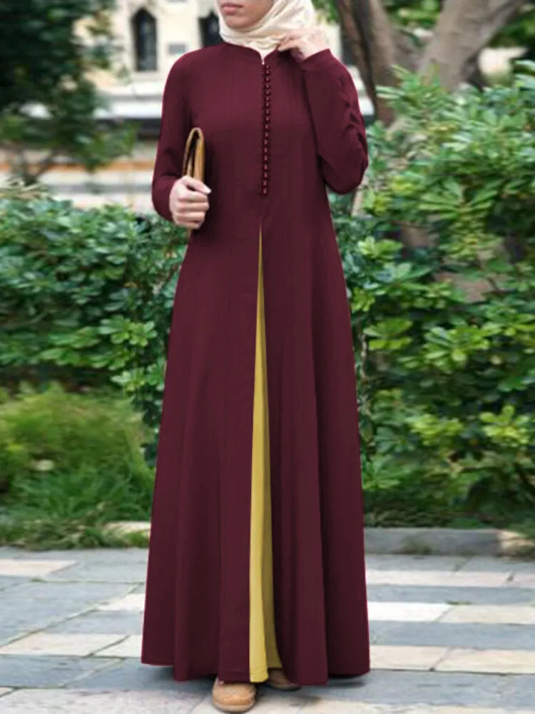 Contrast Color Stitching Bohemian Button Long Sleeve Muslim Abaya Kaftan Women Maxi Dress