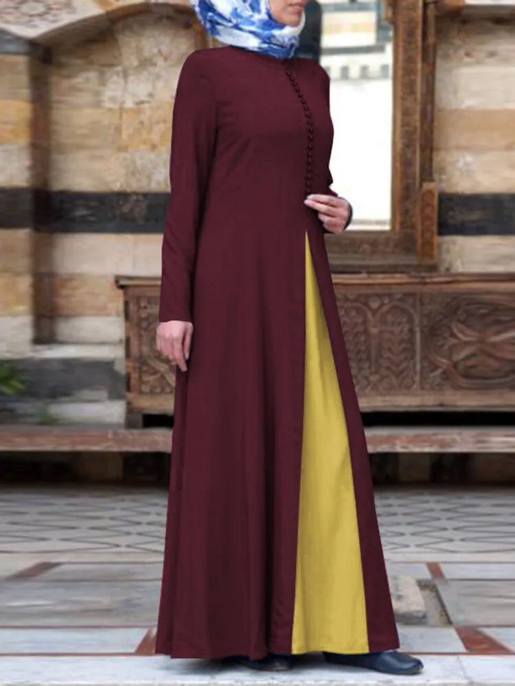 Contrast Color Stitching Bohemian Button Long Sleeve Muslim Abaya Kaftan Women Maxi Dress