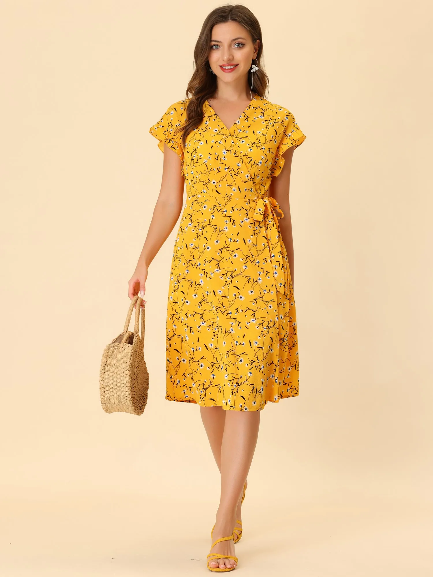 Ditsy Floral V Neck Ruffle Flutter Sleeve Midi Wrap Dress