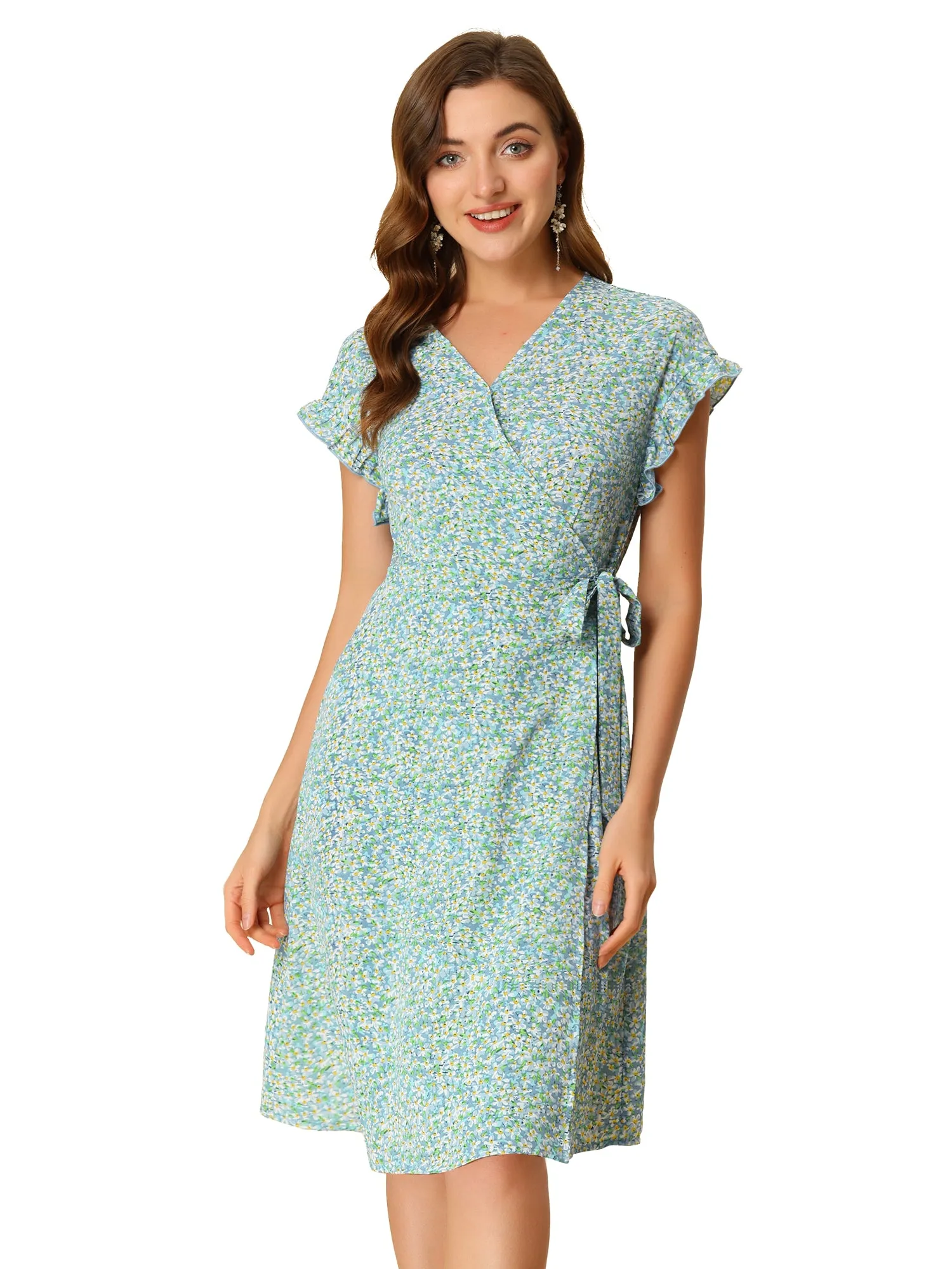 Ditsy Floral V Neck Ruffle Flutter Sleeve Midi Wrap Dress