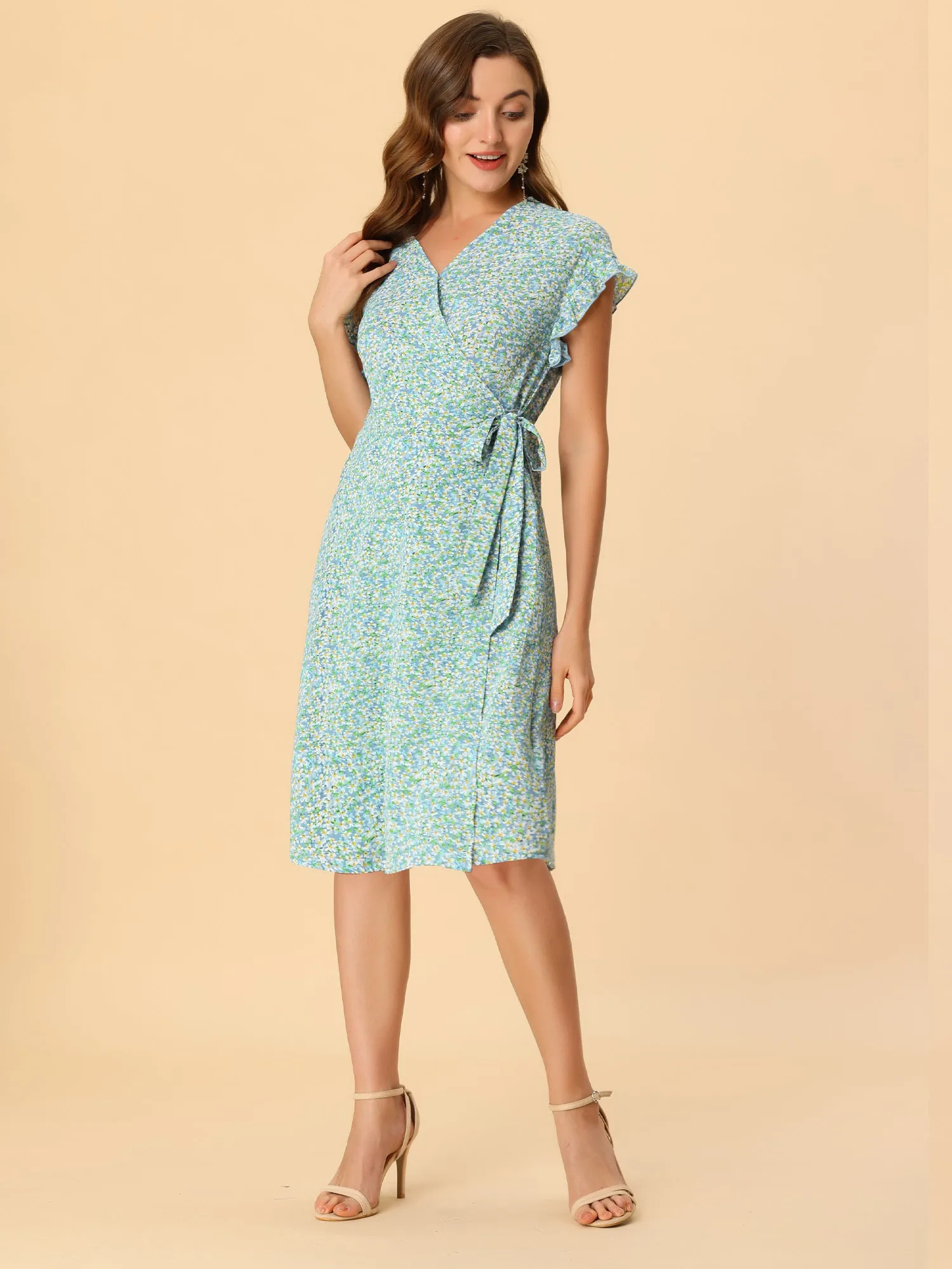 Ditsy Floral V Neck Ruffle Flutter Sleeve Midi Wrap Dress