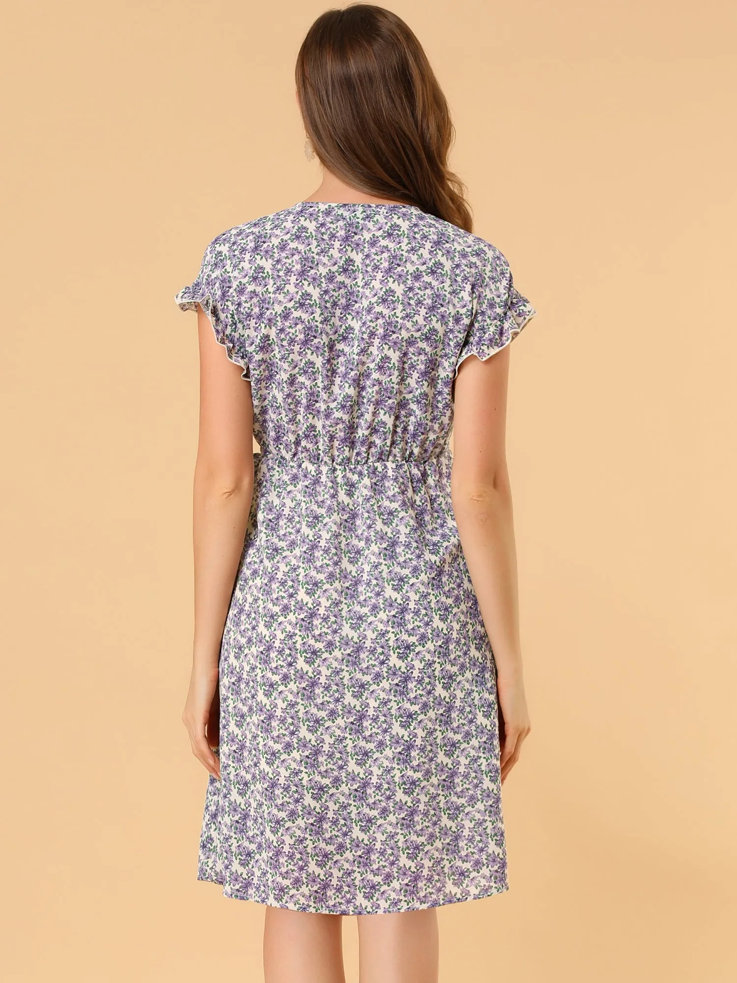 Ditsy Floral V Neck Ruffle Flutter Sleeve Midi Wrap Dress