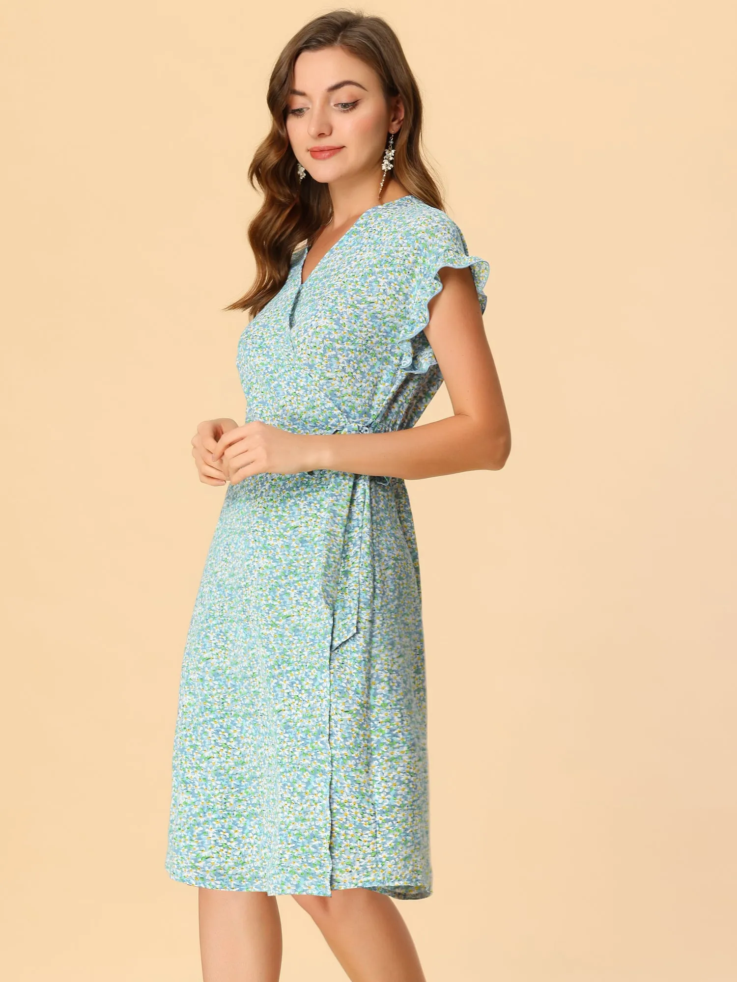 Ditsy Floral V Neck Ruffle Flutter Sleeve Midi Wrap Dress