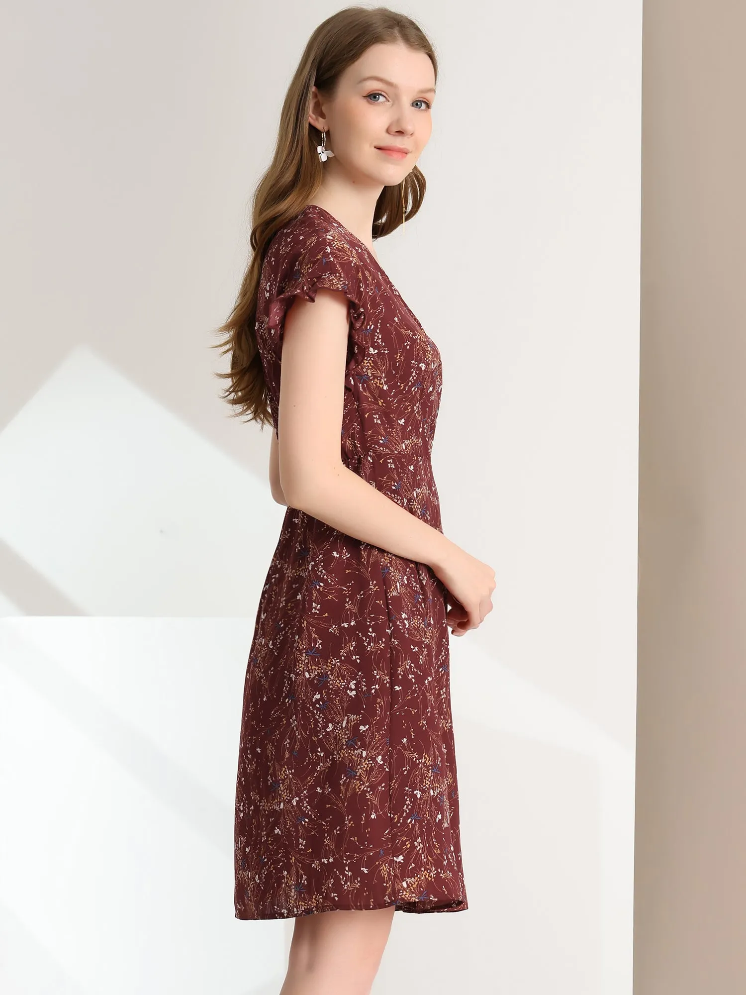 Ditsy Floral V Neck Ruffle Flutter Sleeve Midi Wrap Dress
