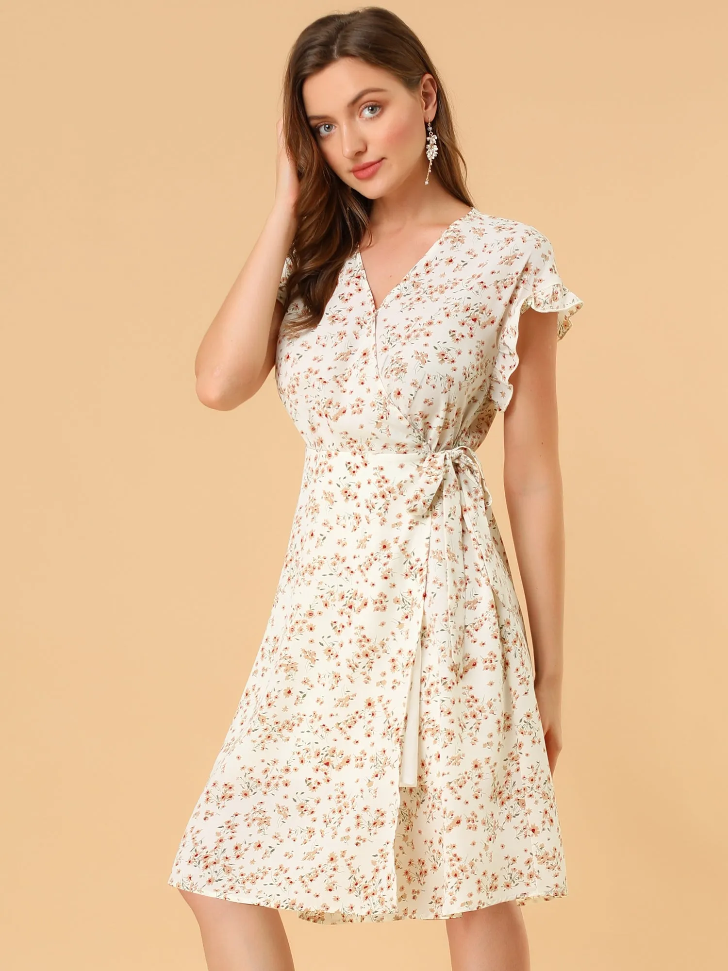 Ditsy Floral V Neck Ruffle Flutter Sleeve Midi Wrap Dress