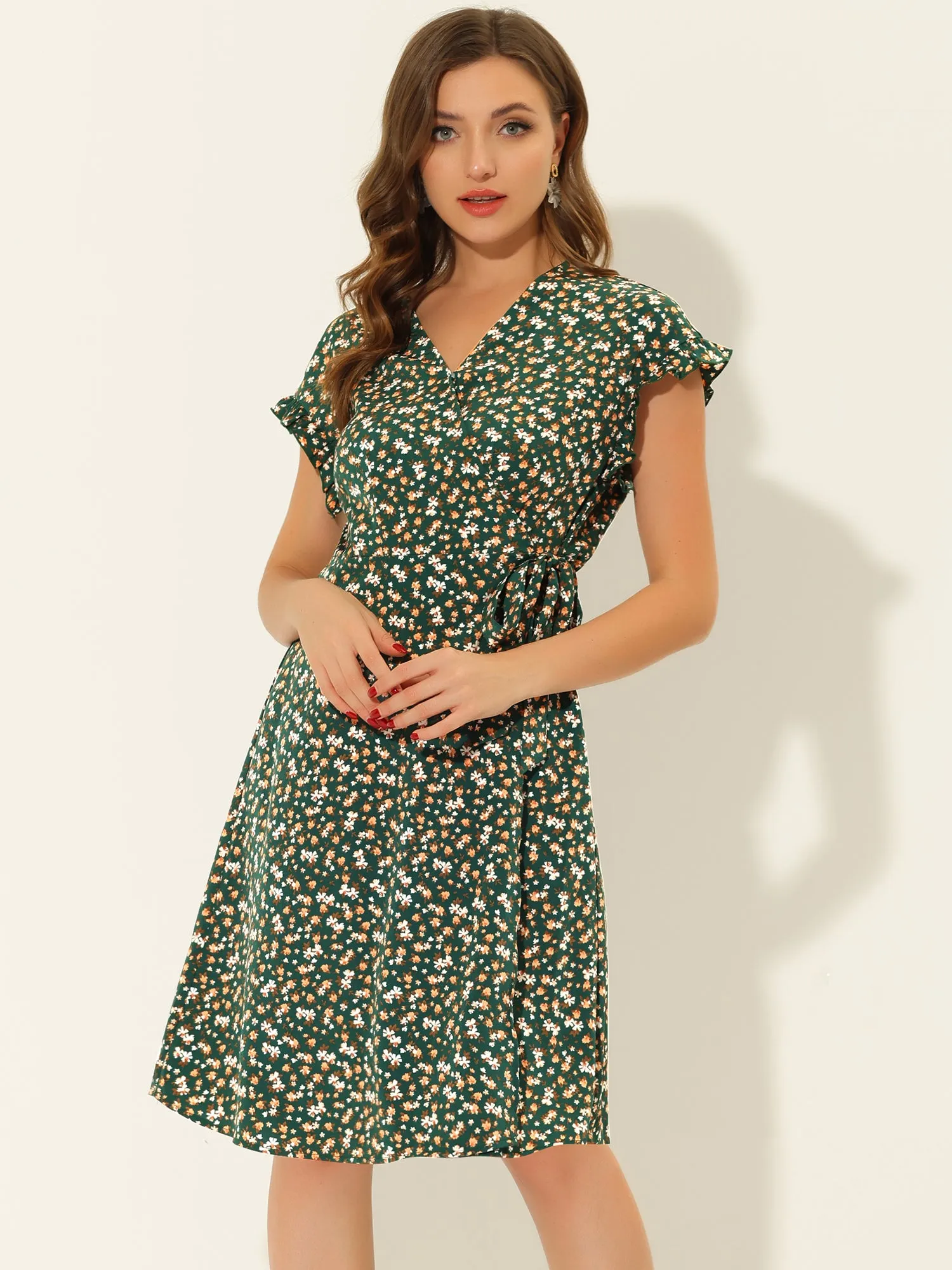 Ditsy Floral V Neck Ruffle Flutter Sleeve Midi Wrap Dress