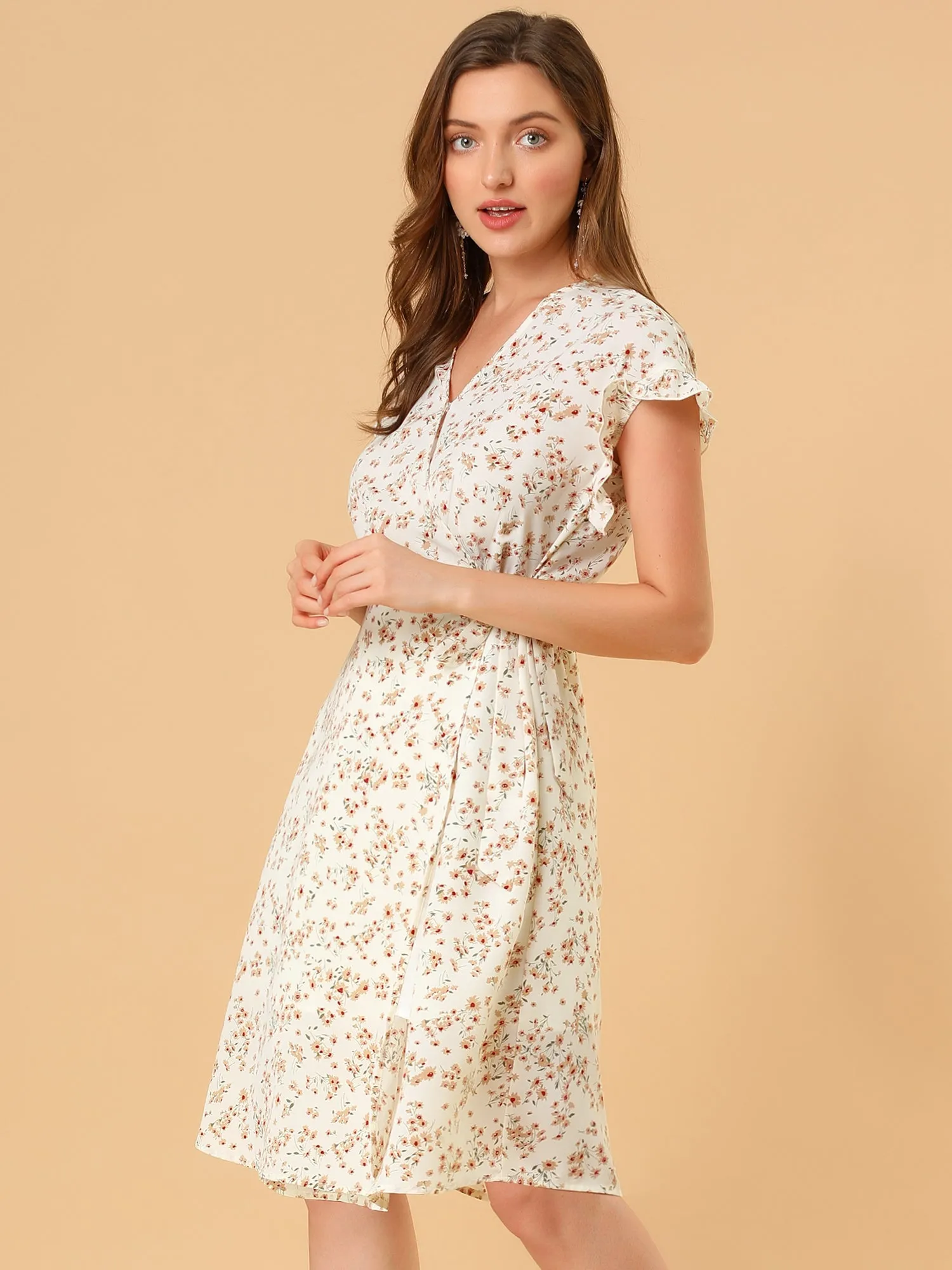 Ditsy Floral V Neck Ruffle Flutter Sleeve Midi Wrap Dress