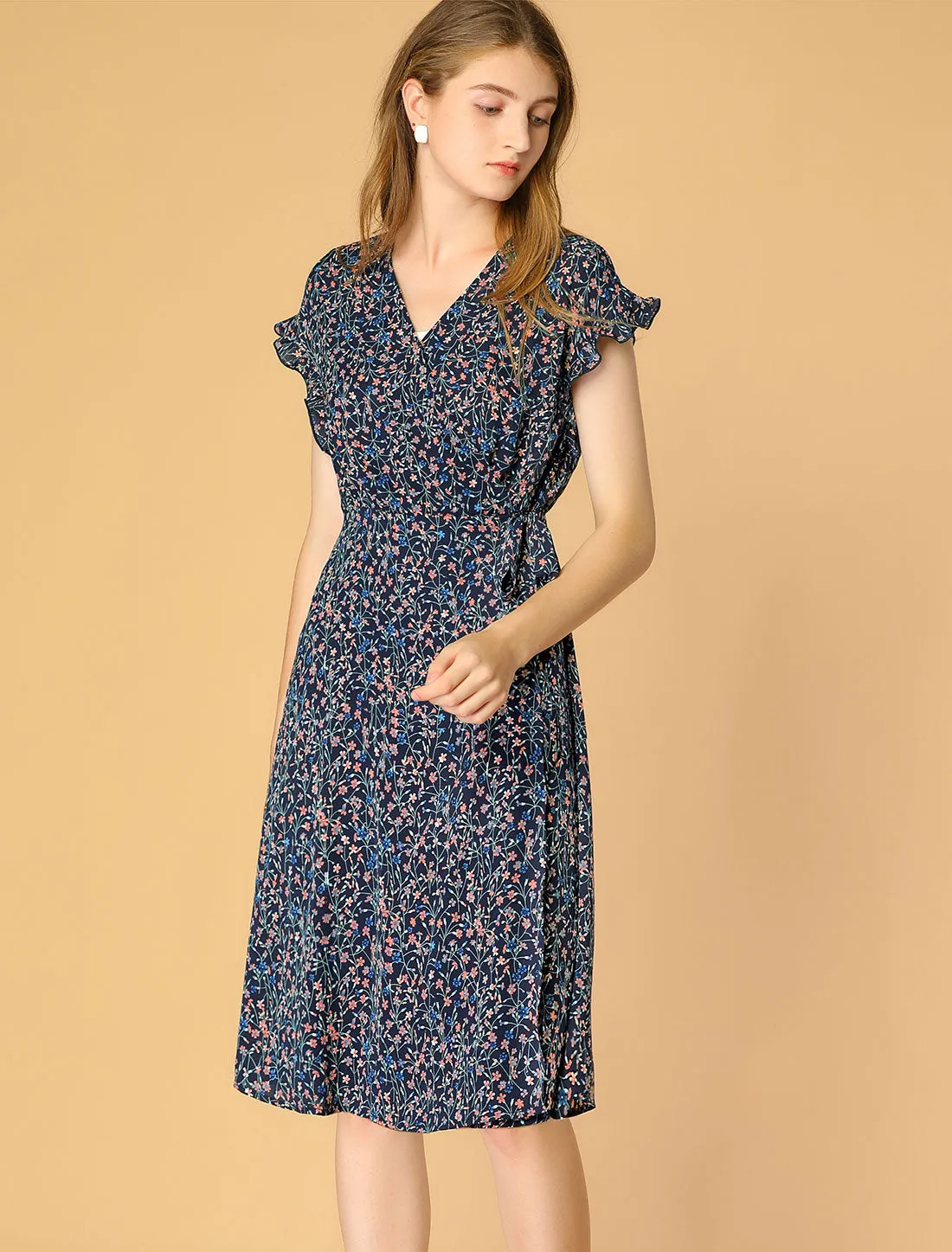 Ditsy Floral V Neck Ruffle Flutter Sleeve Midi Wrap Dress