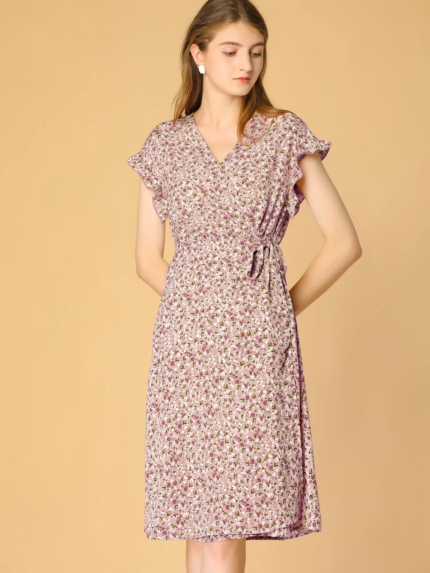 Ditsy Floral V Neck Ruffle Flutter Sleeve Midi Wrap Dress