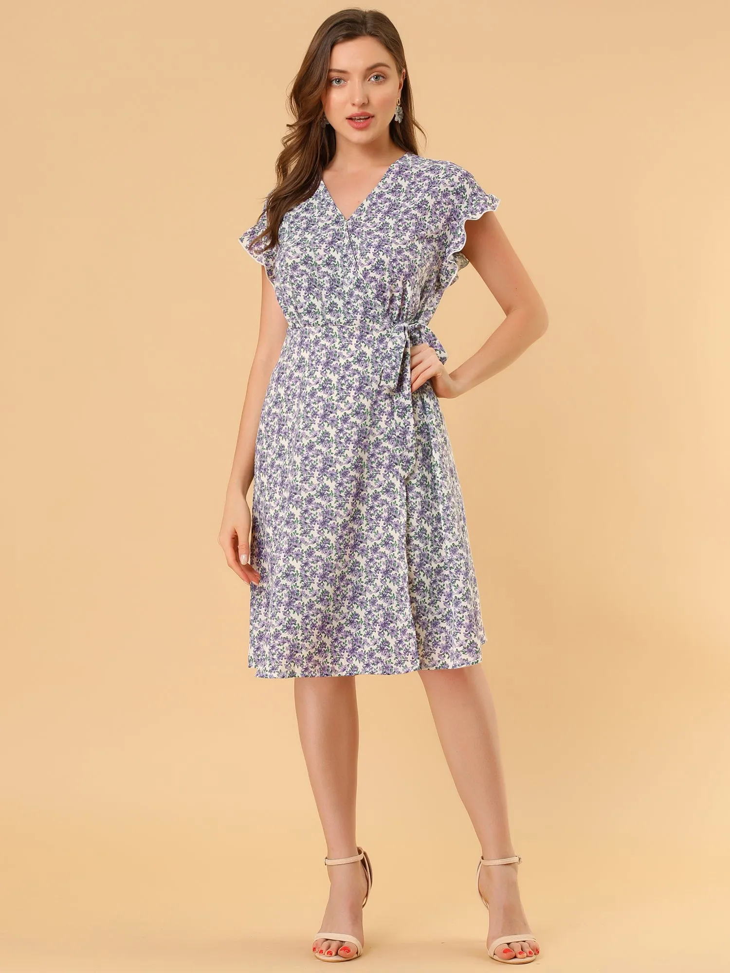Ditsy Floral V Neck Ruffle Flutter Sleeve Midi Wrap Dress