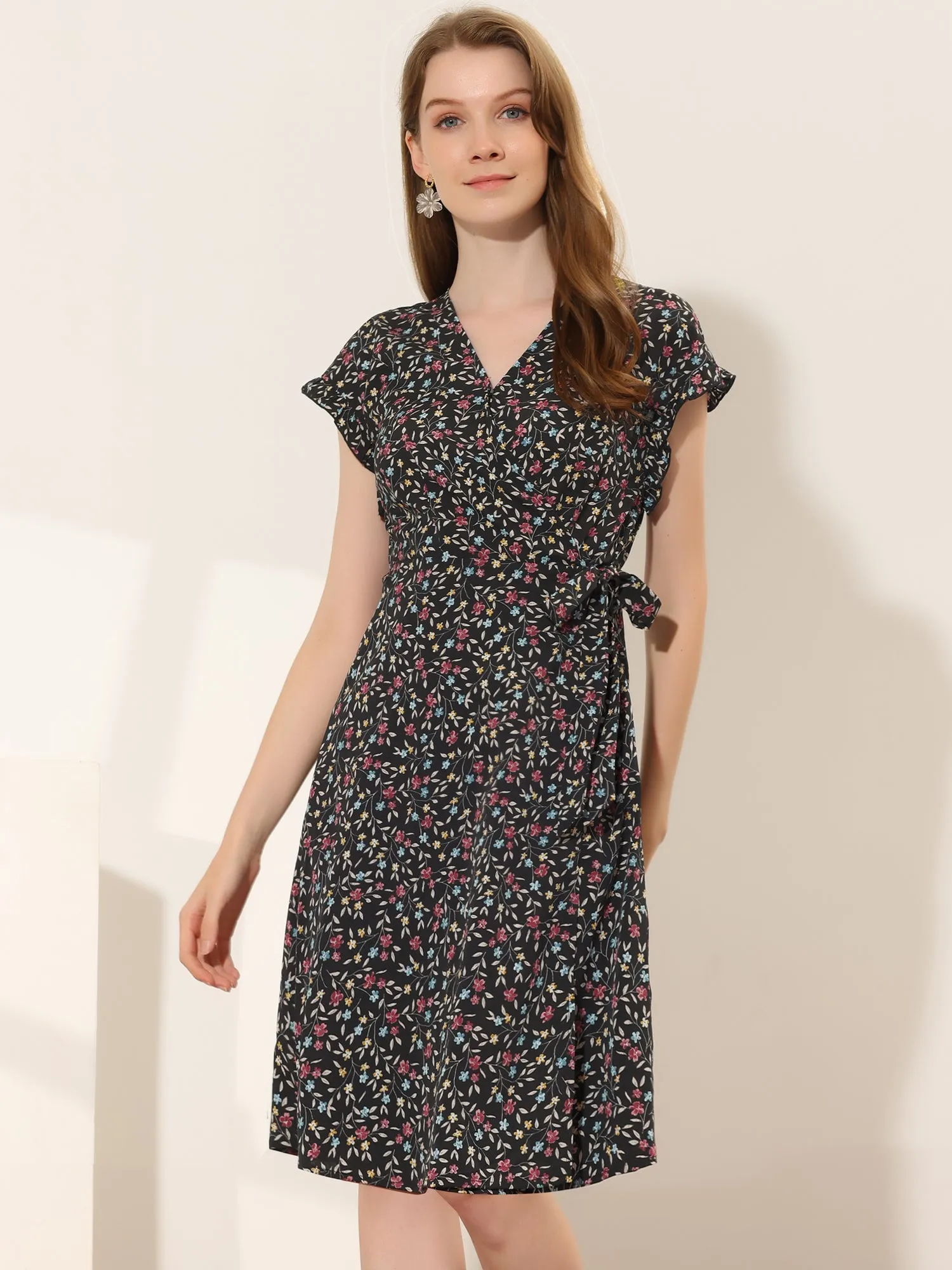 Ditsy Floral V Neck Ruffle Flutter Sleeve Midi Wrap Dress