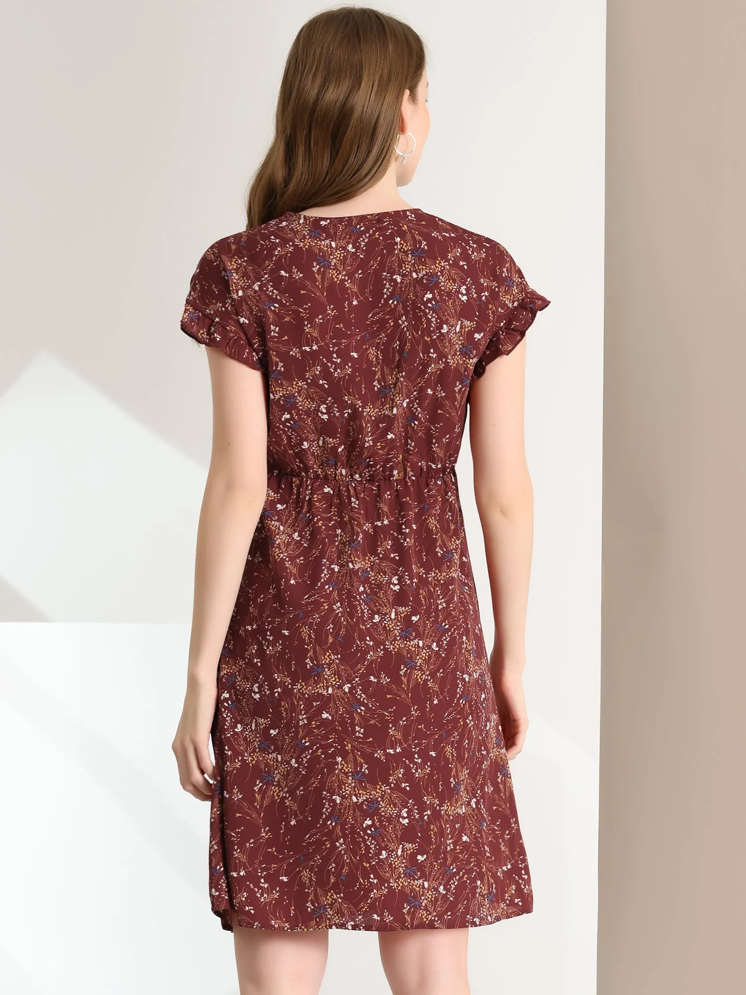 Ditsy Floral V Neck Ruffle Flutter Sleeve Midi Wrap Dress