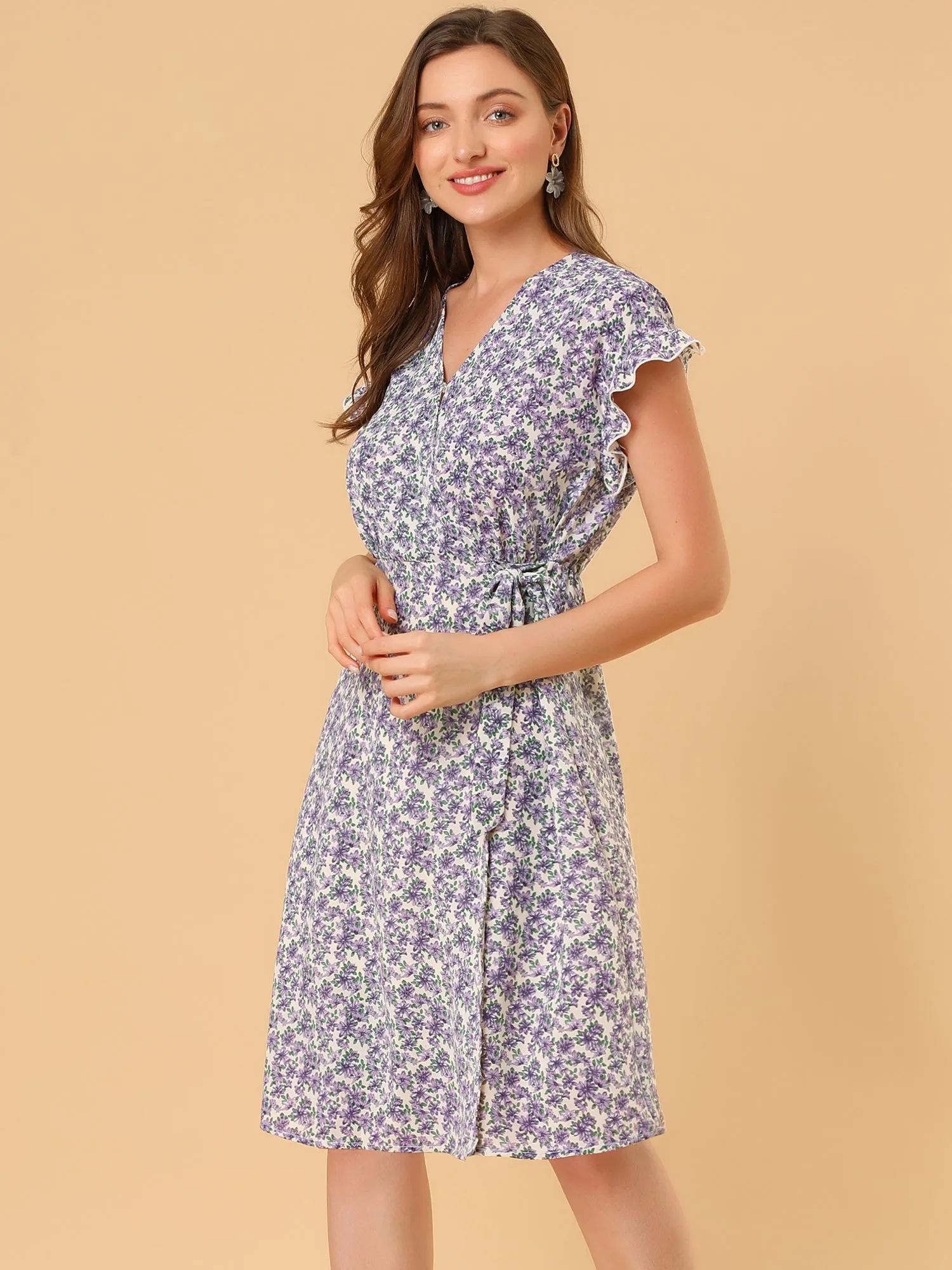 Ditsy Floral V Neck Ruffle Flutter Sleeve Midi Wrap Dress