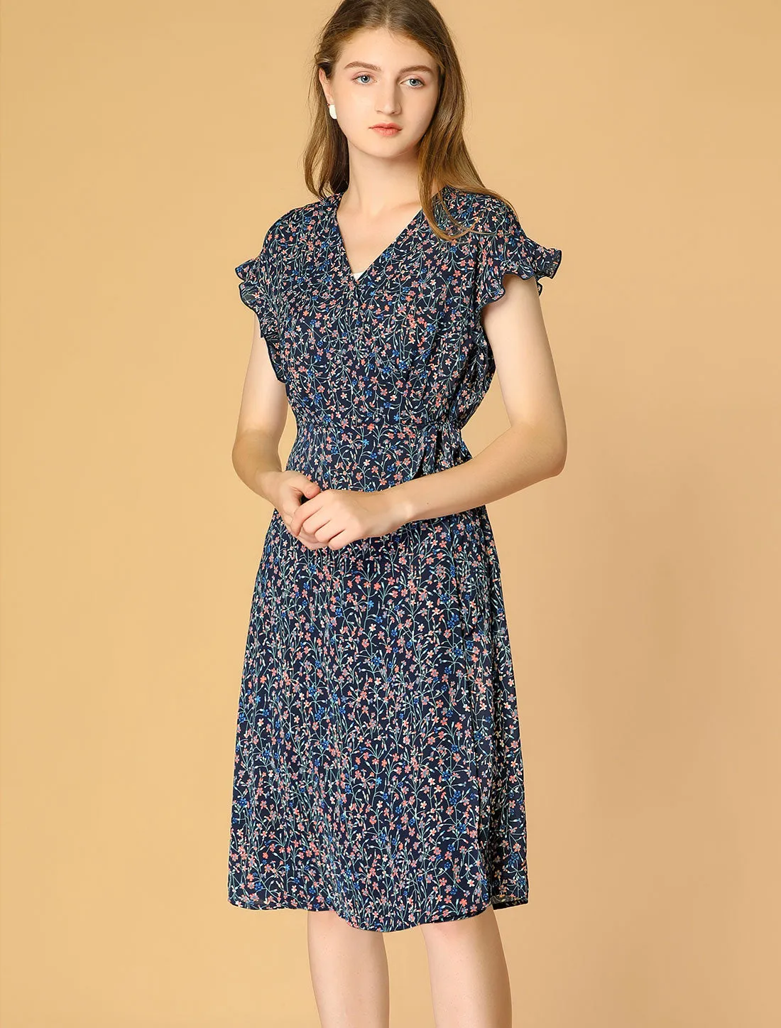 Ditsy Floral V Neck Ruffle Flutter Sleeve Midi Wrap Dress