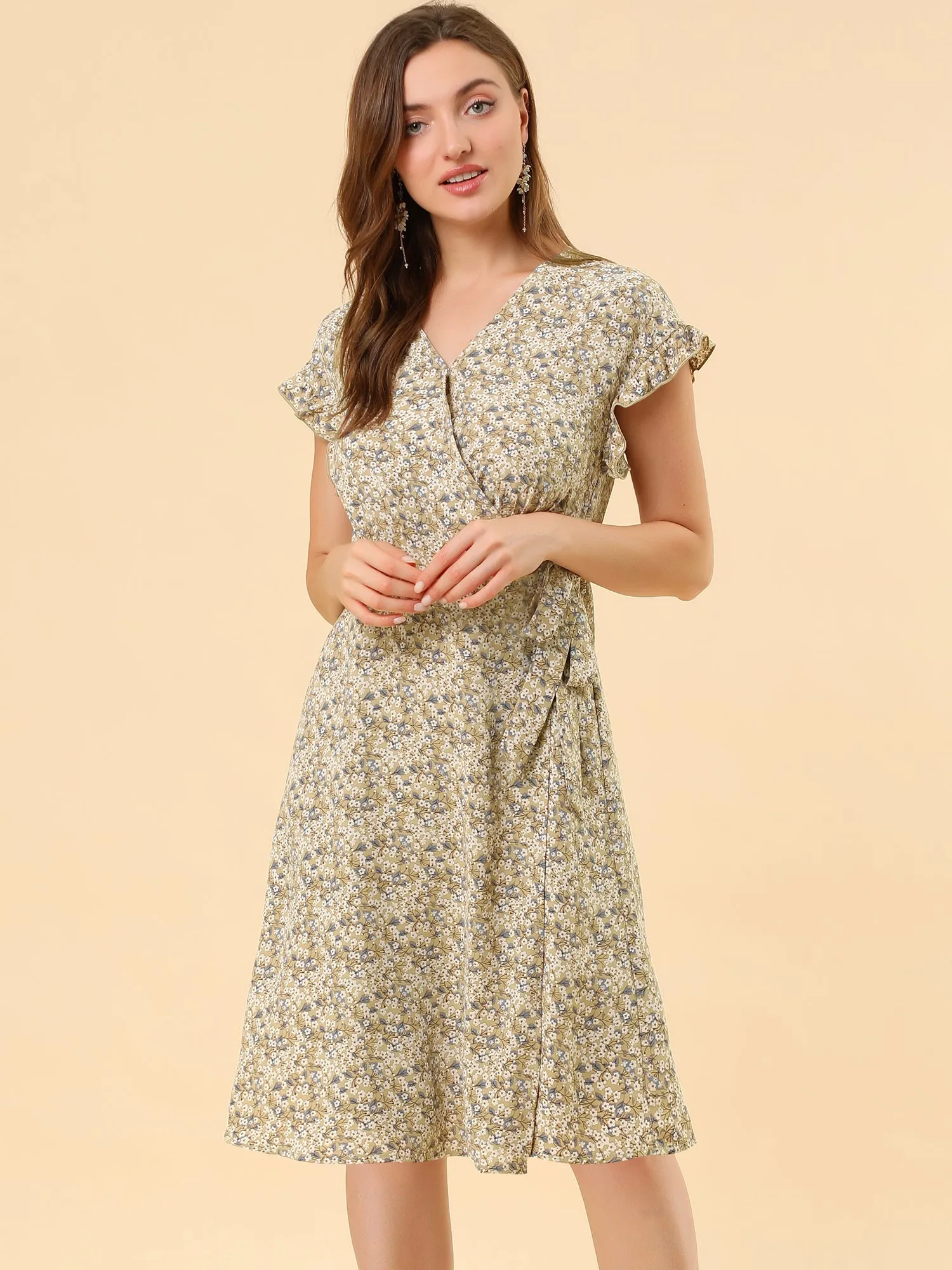 Ditsy Floral V Neck Ruffle Flutter Sleeve Midi Wrap Dress
