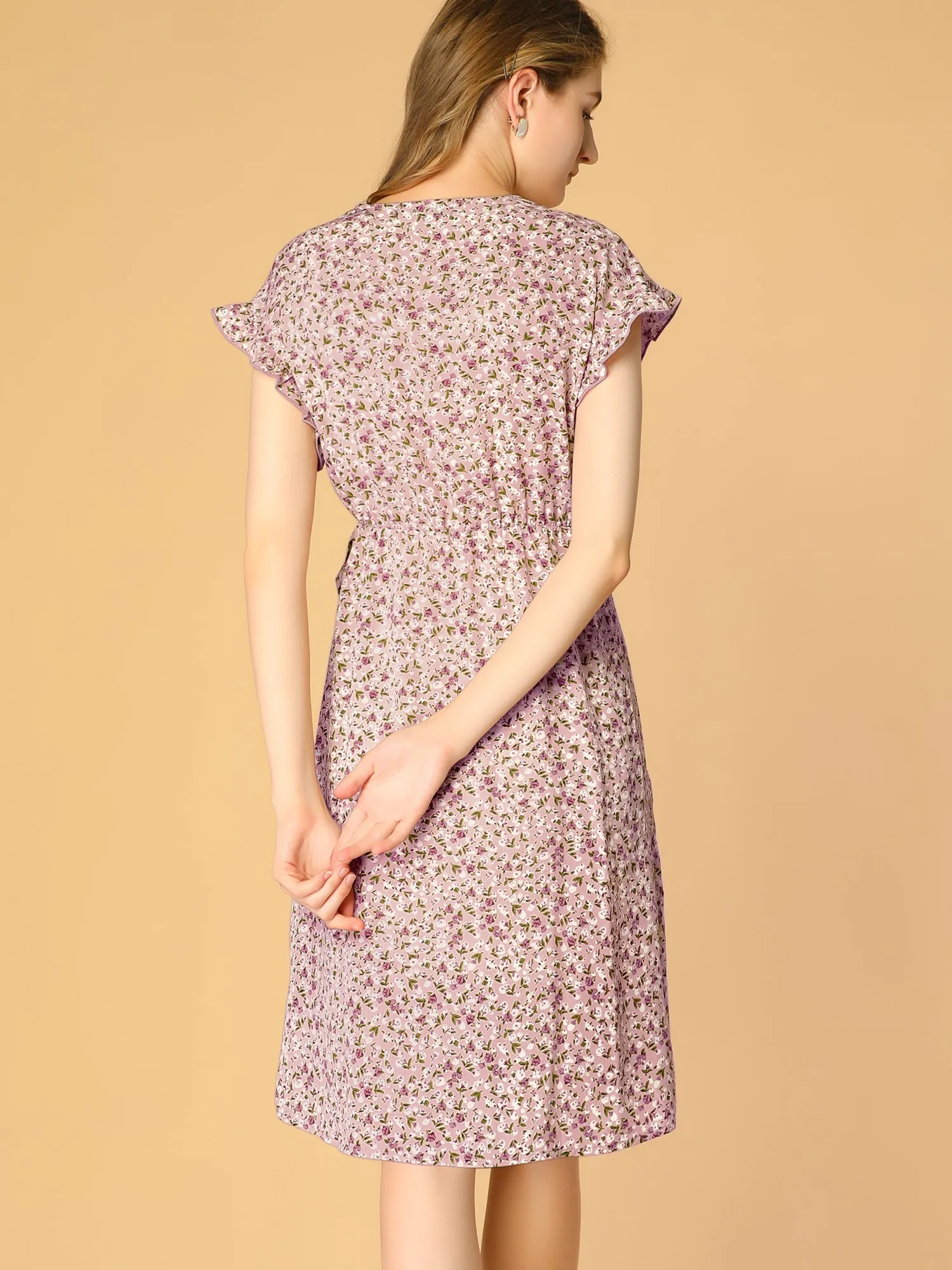 Ditsy Floral V Neck Ruffle Flutter Sleeve Midi Wrap Dress