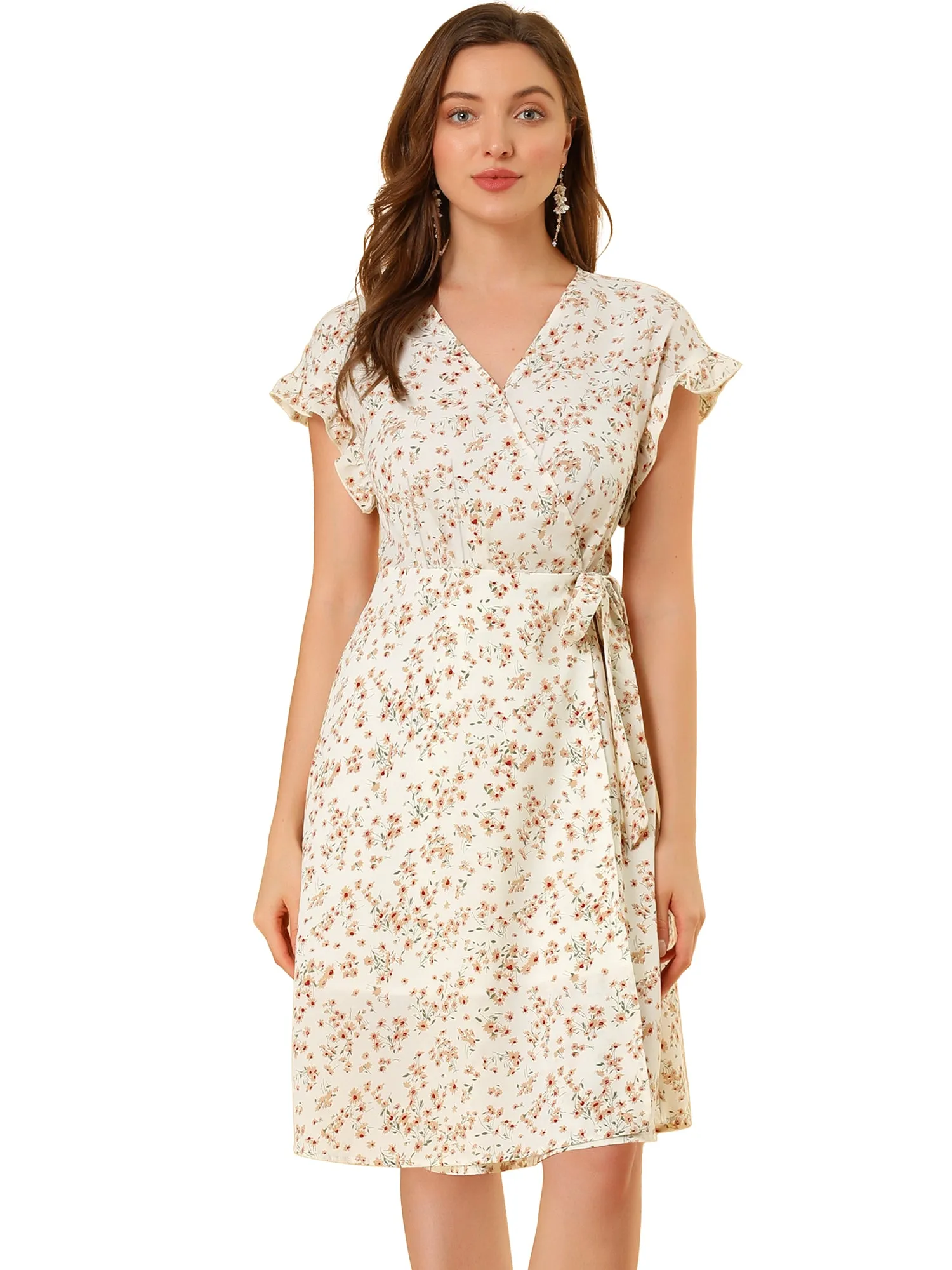 Ditsy Floral V Neck Ruffle Flutter Sleeve Midi Wrap Dress