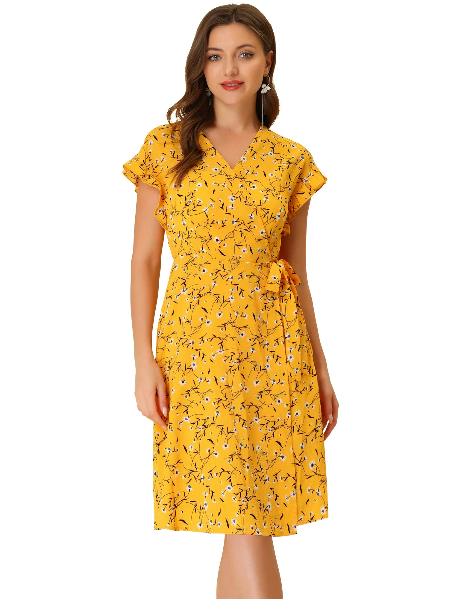 Ditsy Floral V Neck Ruffle Flutter Sleeve Midi Wrap Dress