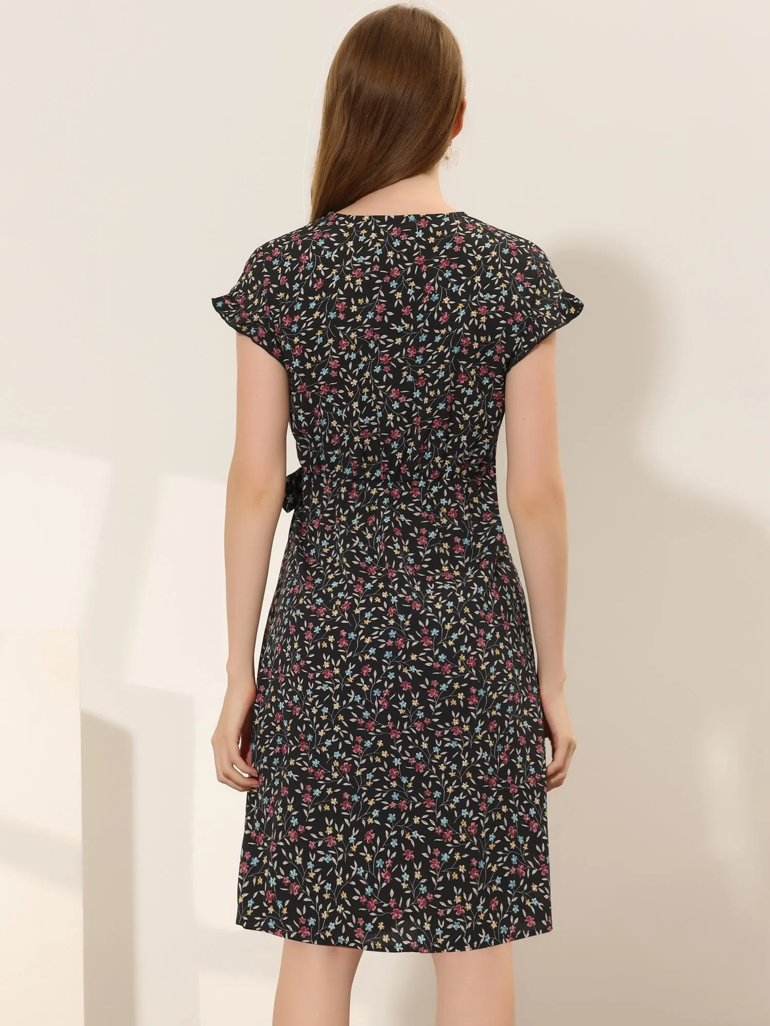 Ditsy Floral V Neck Ruffle Flutter Sleeve Midi Wrap Dress