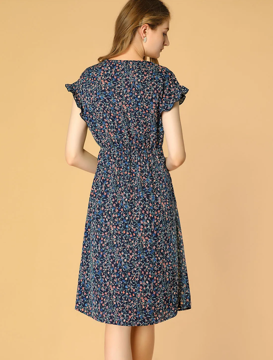 Ditsy Floral V Neck Ruffle Flutter Sleeve Midi Wrap Dress