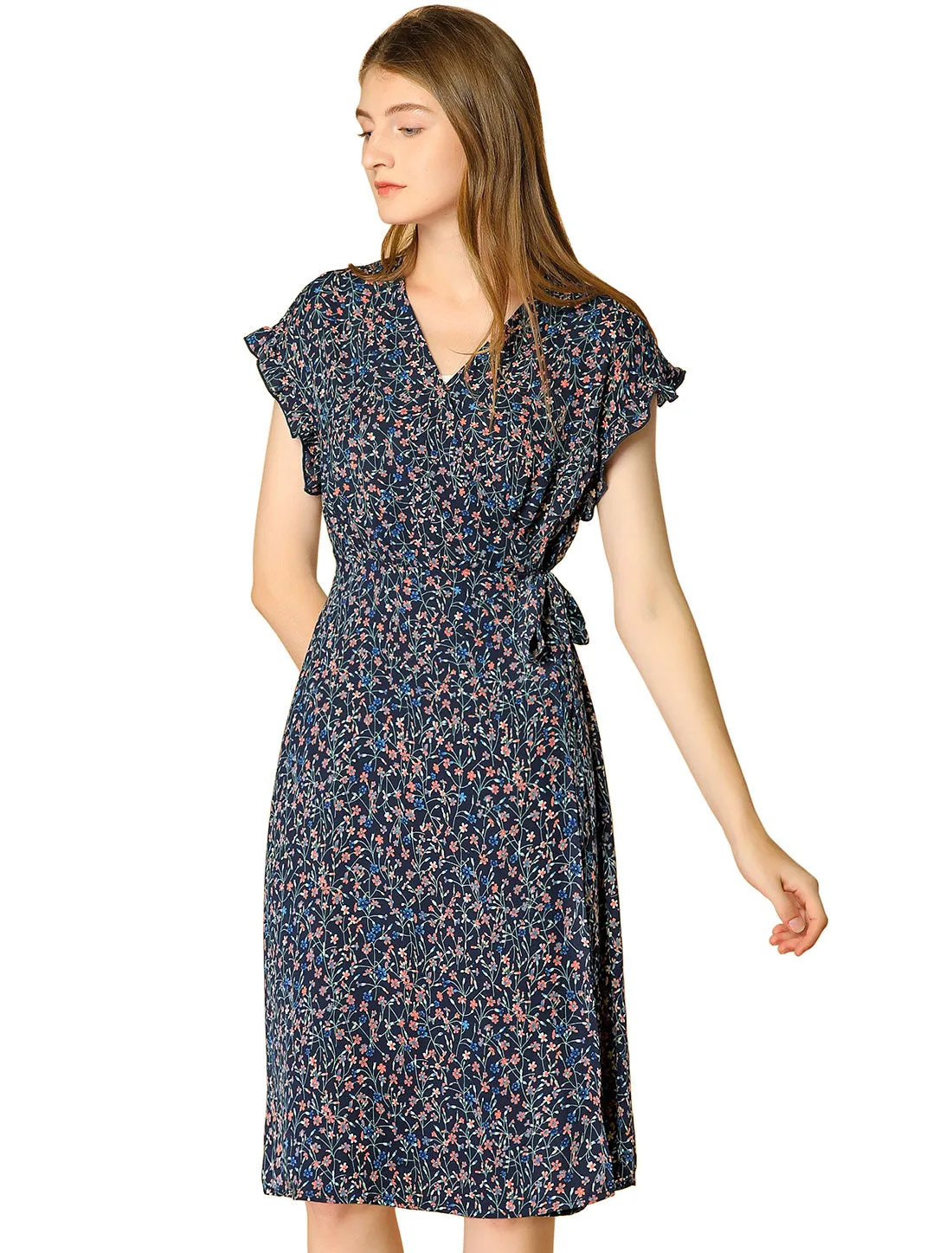 Ditsy Floral V Neck Ruffle Flutter Sleeve Midi Wrap Dress