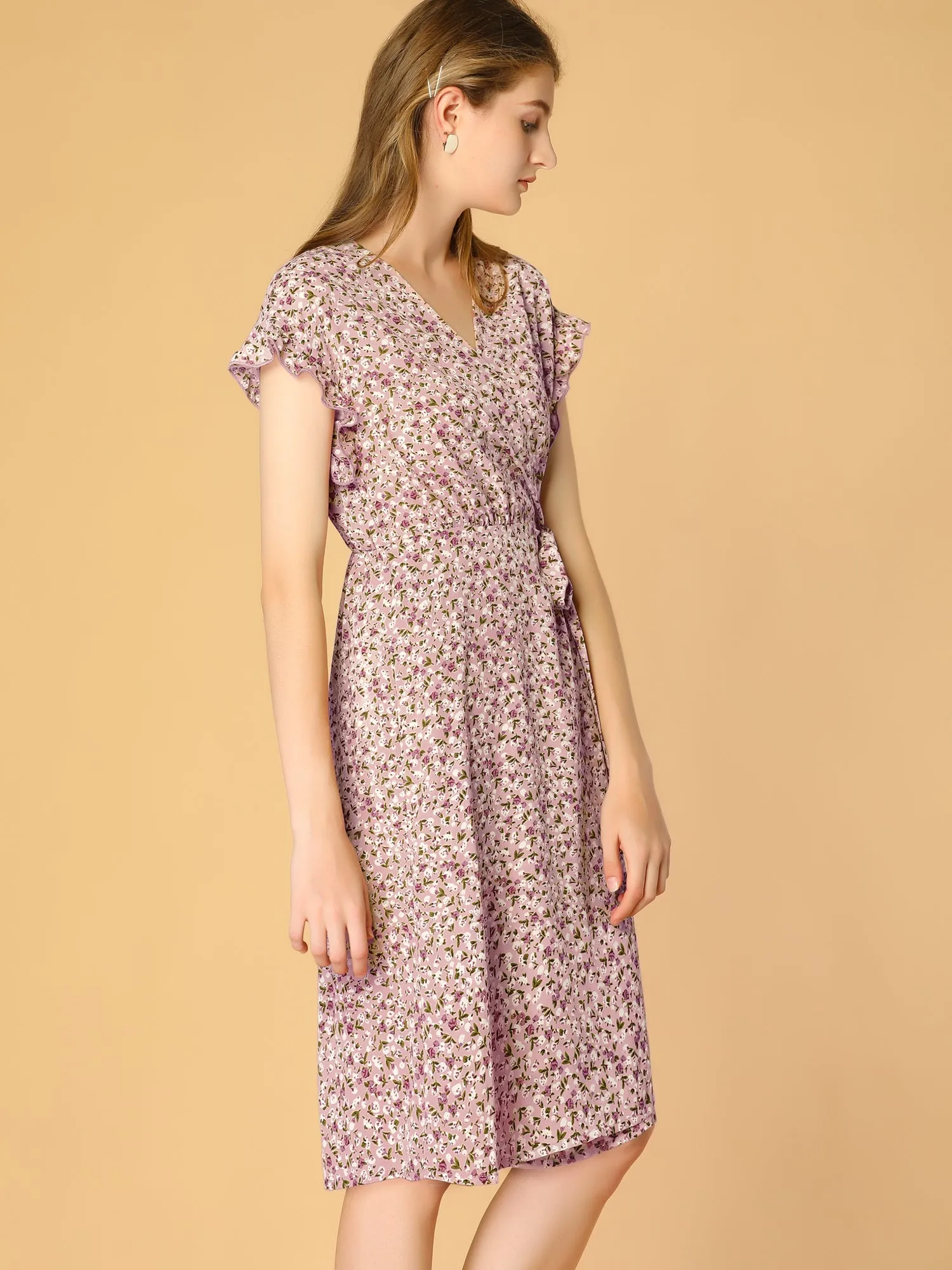 Ditsy Floral V Neck Ruffle Flutter Sleeve Midi Wrap Dress