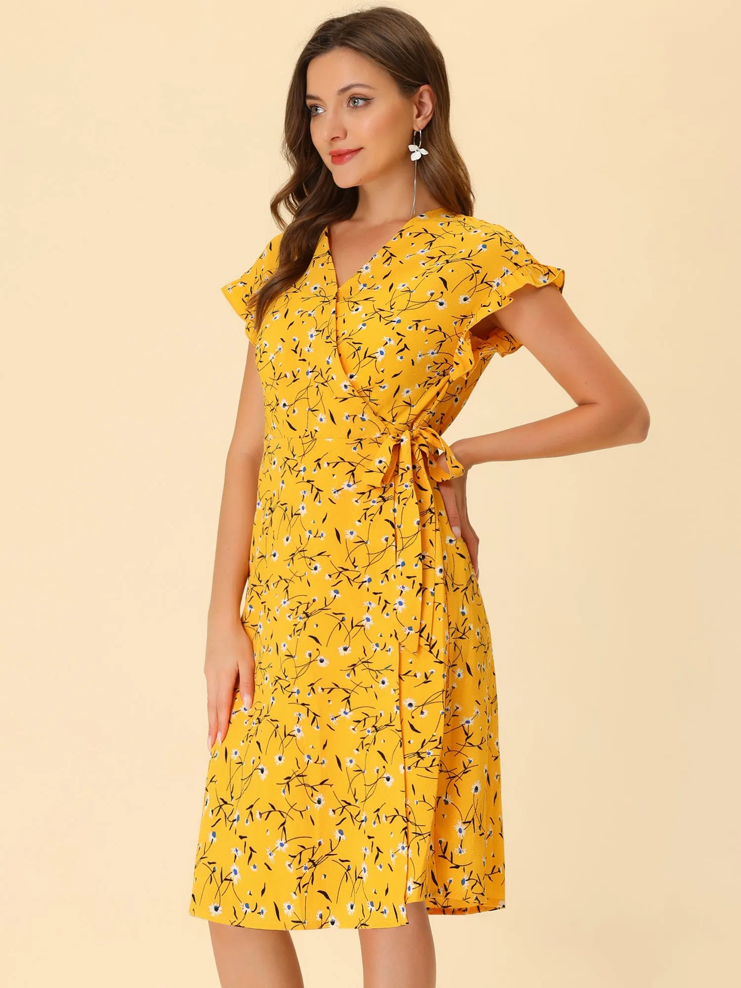 Ditsy Floral V Neck Ruffle Flutter Sleeve Midi Wrap Dress