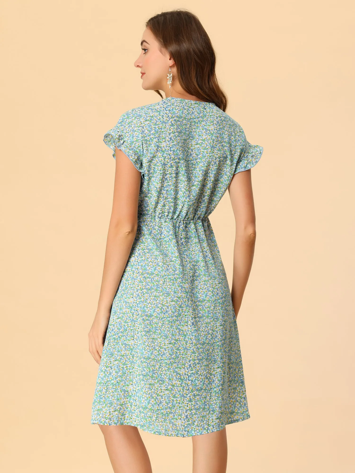 Ditsy Floral V Neck Ruffle Flutter Sleeve Midi Wrap Dress