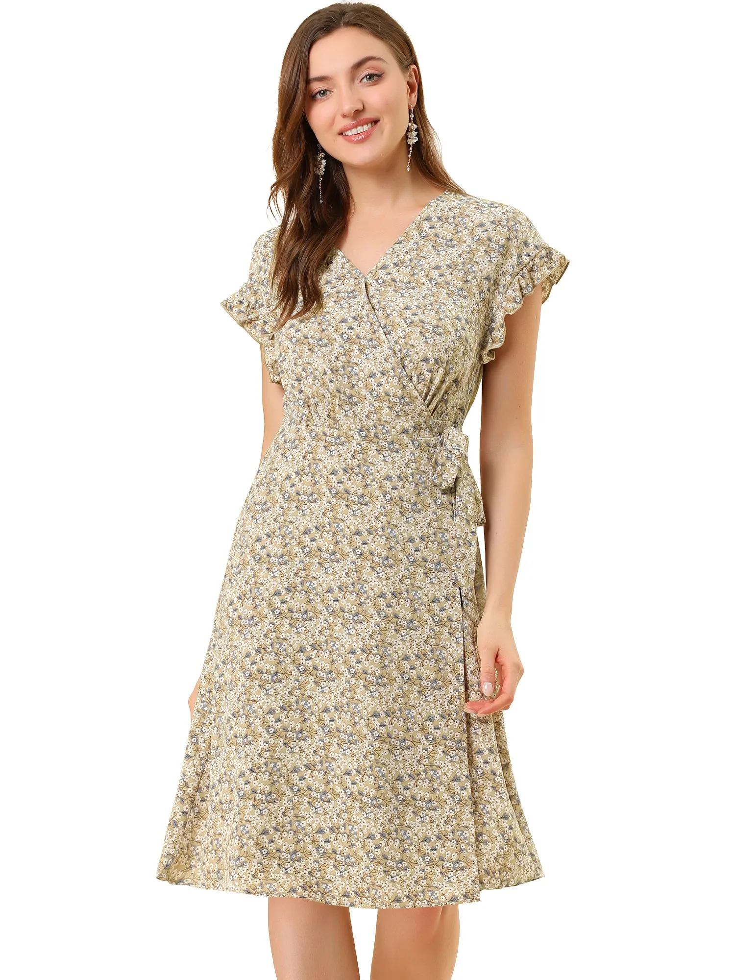 Ditsy Floral V Neck Ruffle Flutter Sleeve Midi Wrap Dress
