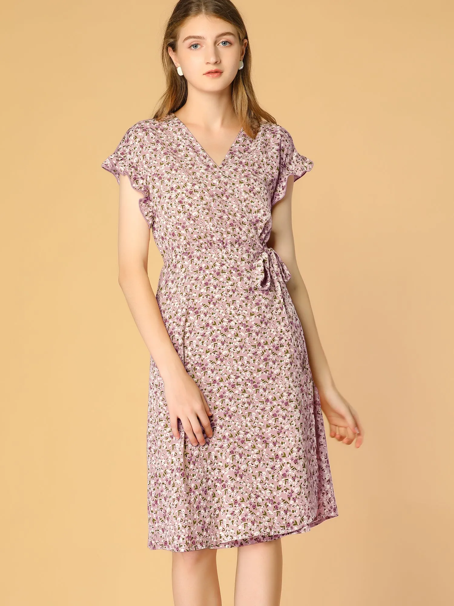 Ditsy Floral V Neck Ruffle Flutter Sleeve Midi Wrap Dress