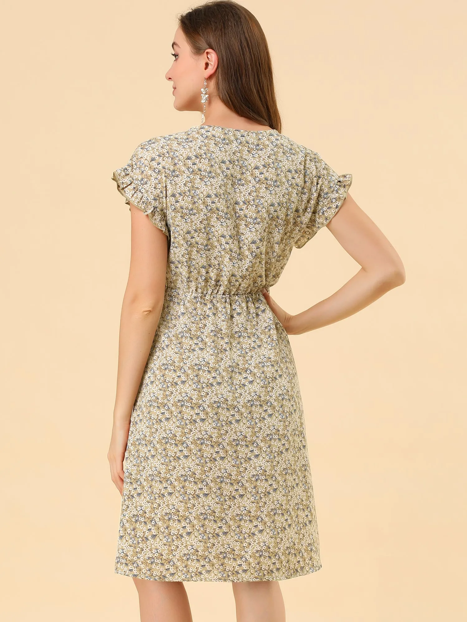 Ditsy Floral V Neck Ruffle Flutter Sleeve Midi Wrap Dress