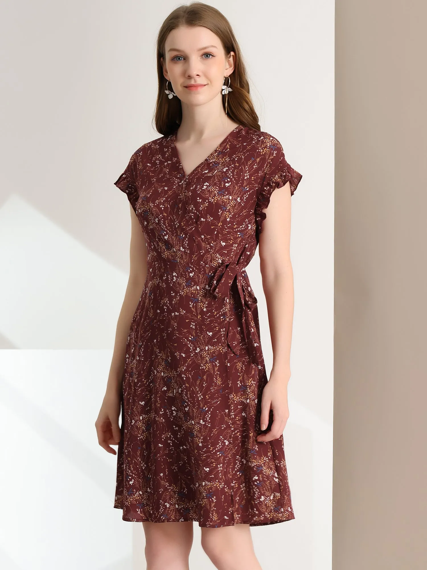 Ditsy Floral V Neck Ruffle Flutter Sleeve Midi Wrap Dress