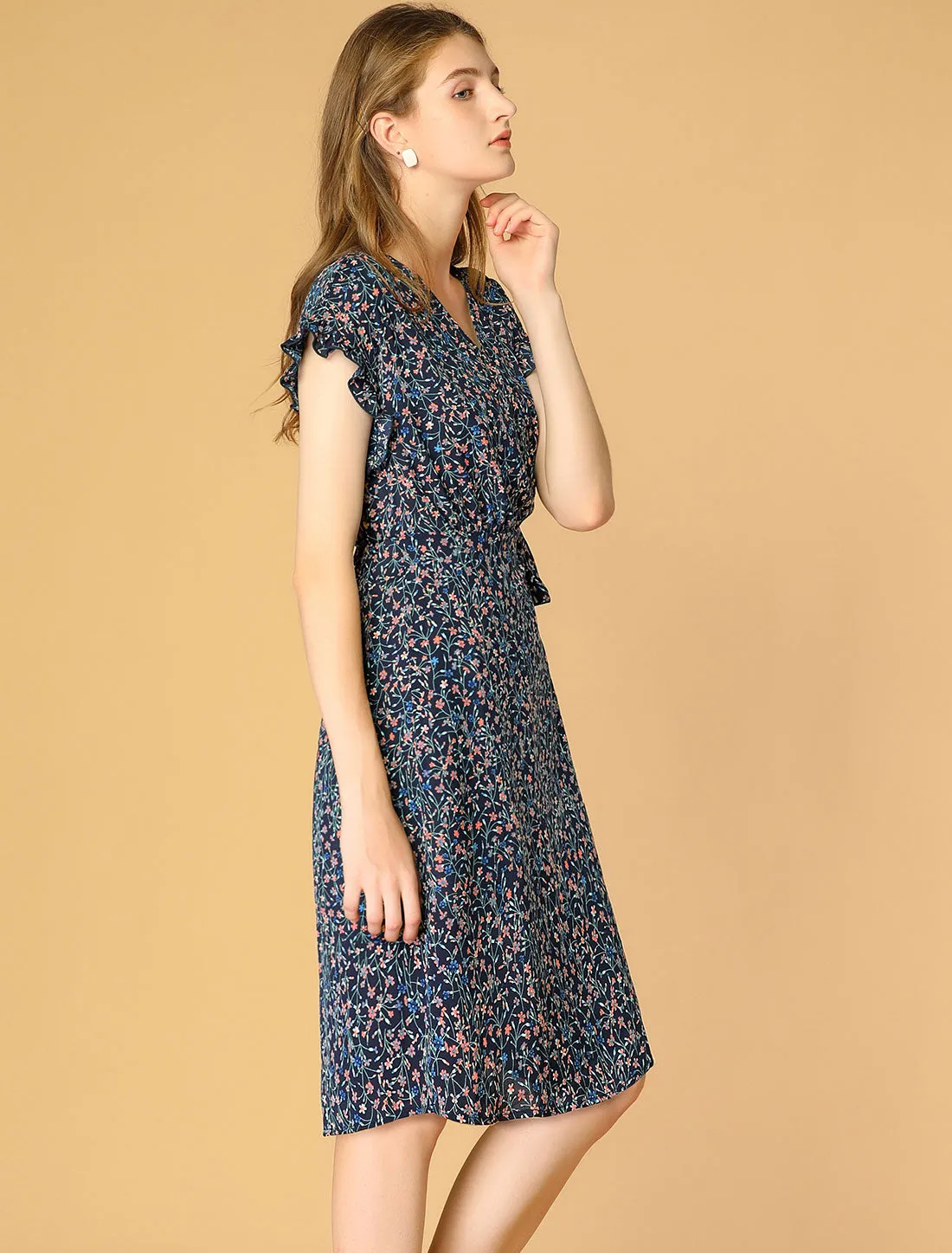 Ditsy Floral V Neck Ruffle Flutter Sleeve Midi Wrap Dress