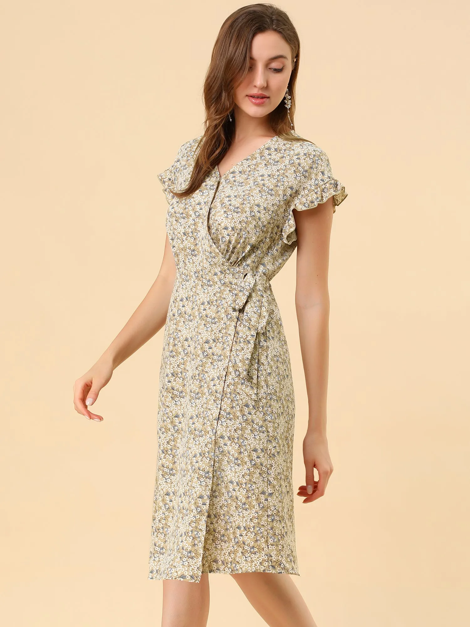 Ditsy Floral V Neck Ruffle Flutter Sleeve Midi Wrap Dress