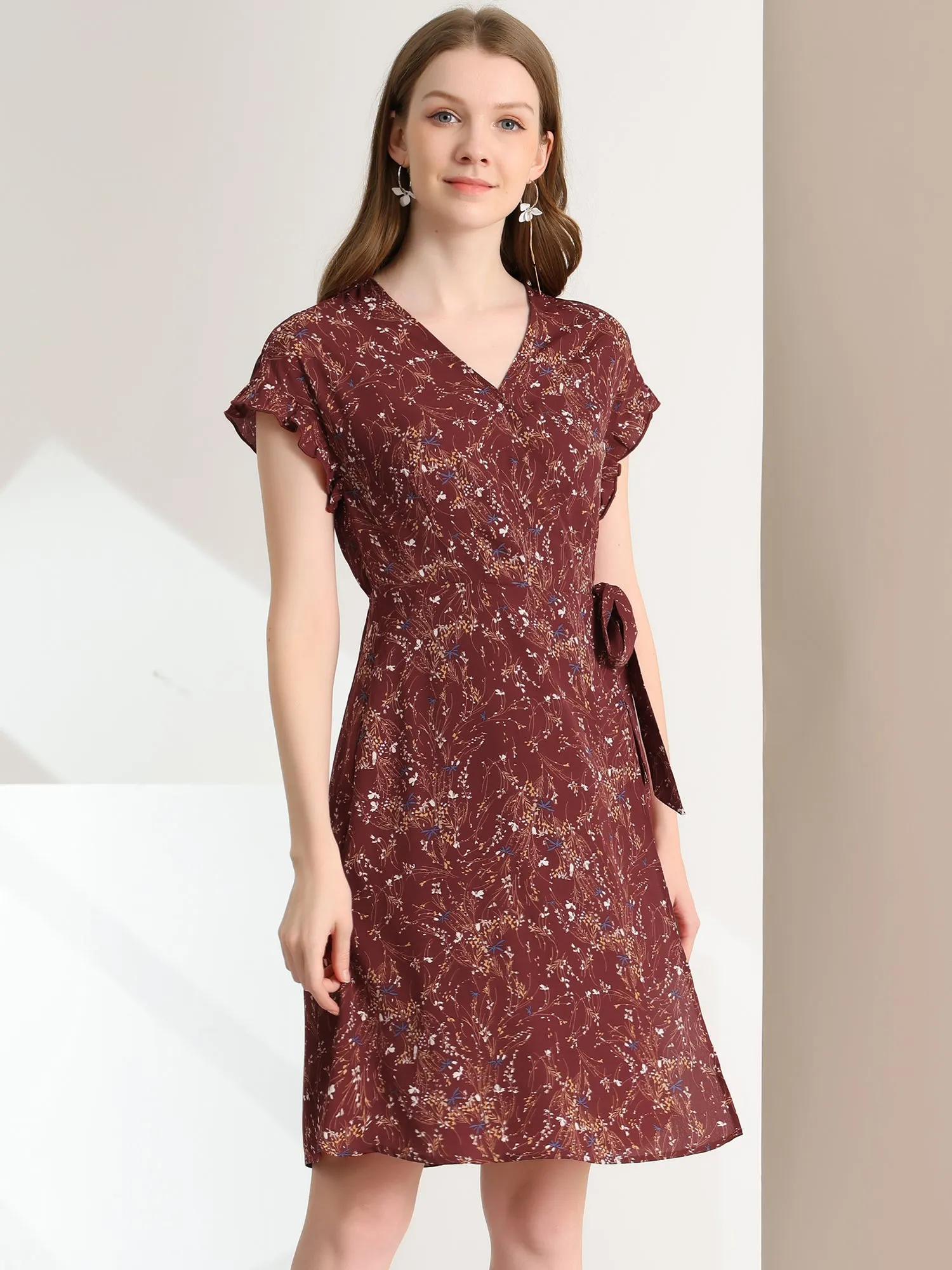 Ditsy Floral V Neck Ruffle Flutter Sleeve Midi Wrap Dress