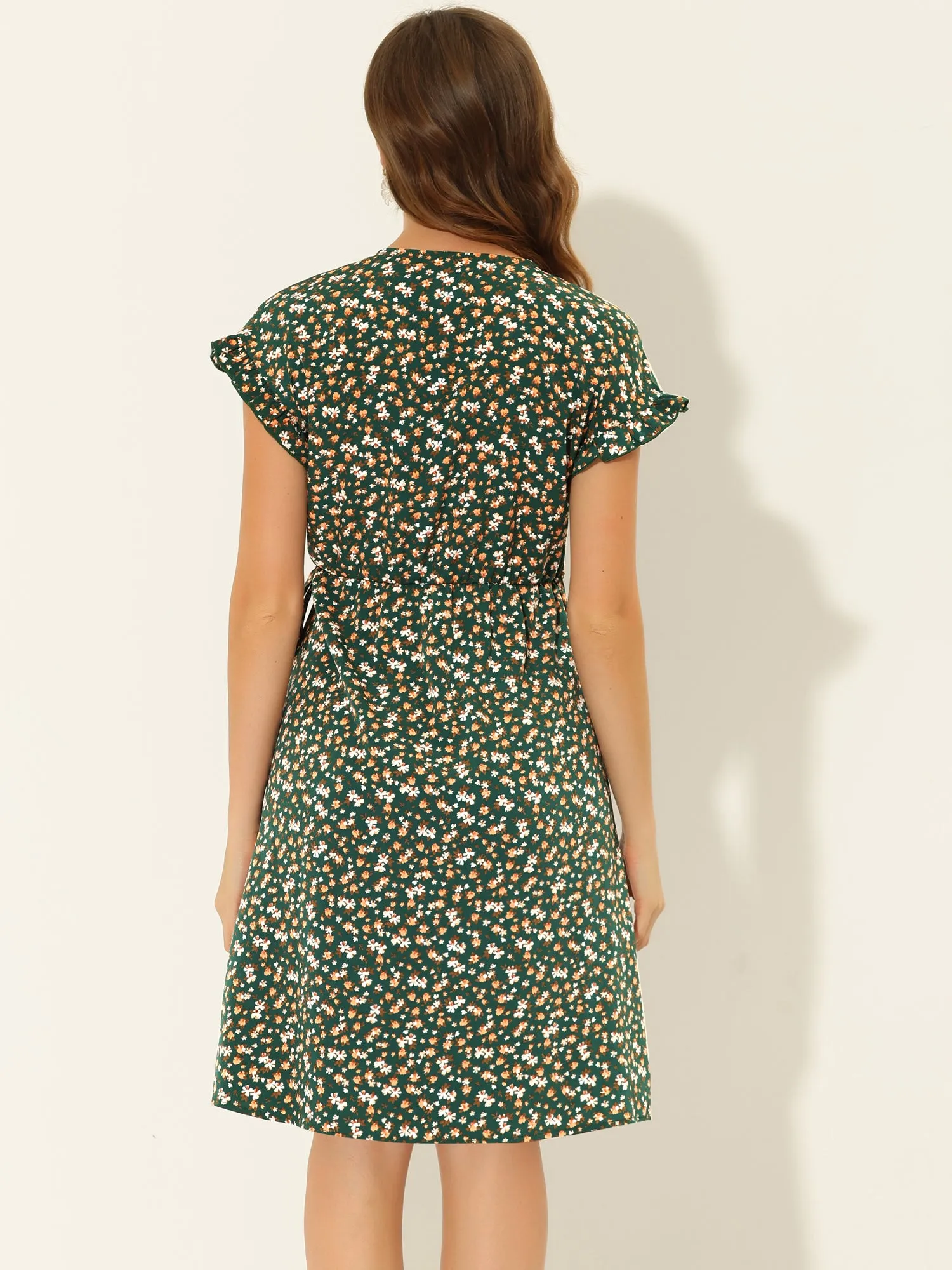 Ditsy Floral V Neck Ruffle Flutter Sleeve Midi Wrap Dress