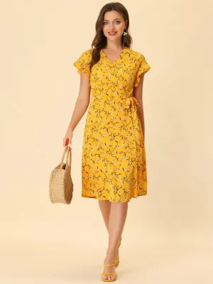 Ditsy Floral V Neck Ruffle Flutter Sleeve Midi Wrap Dress