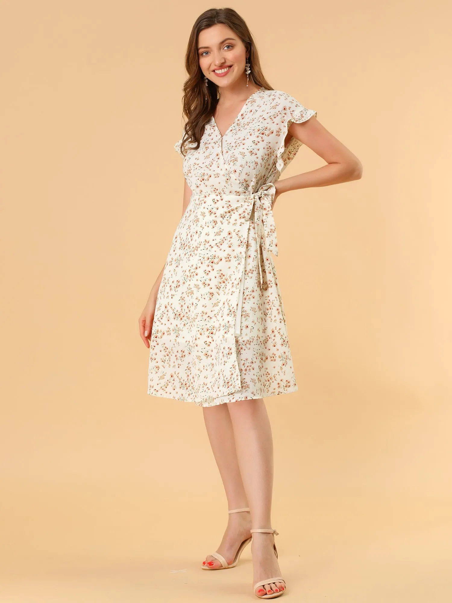 Ditsy Floral V Neck Ruffle Flutter Sleeve Midi Wrap Dress