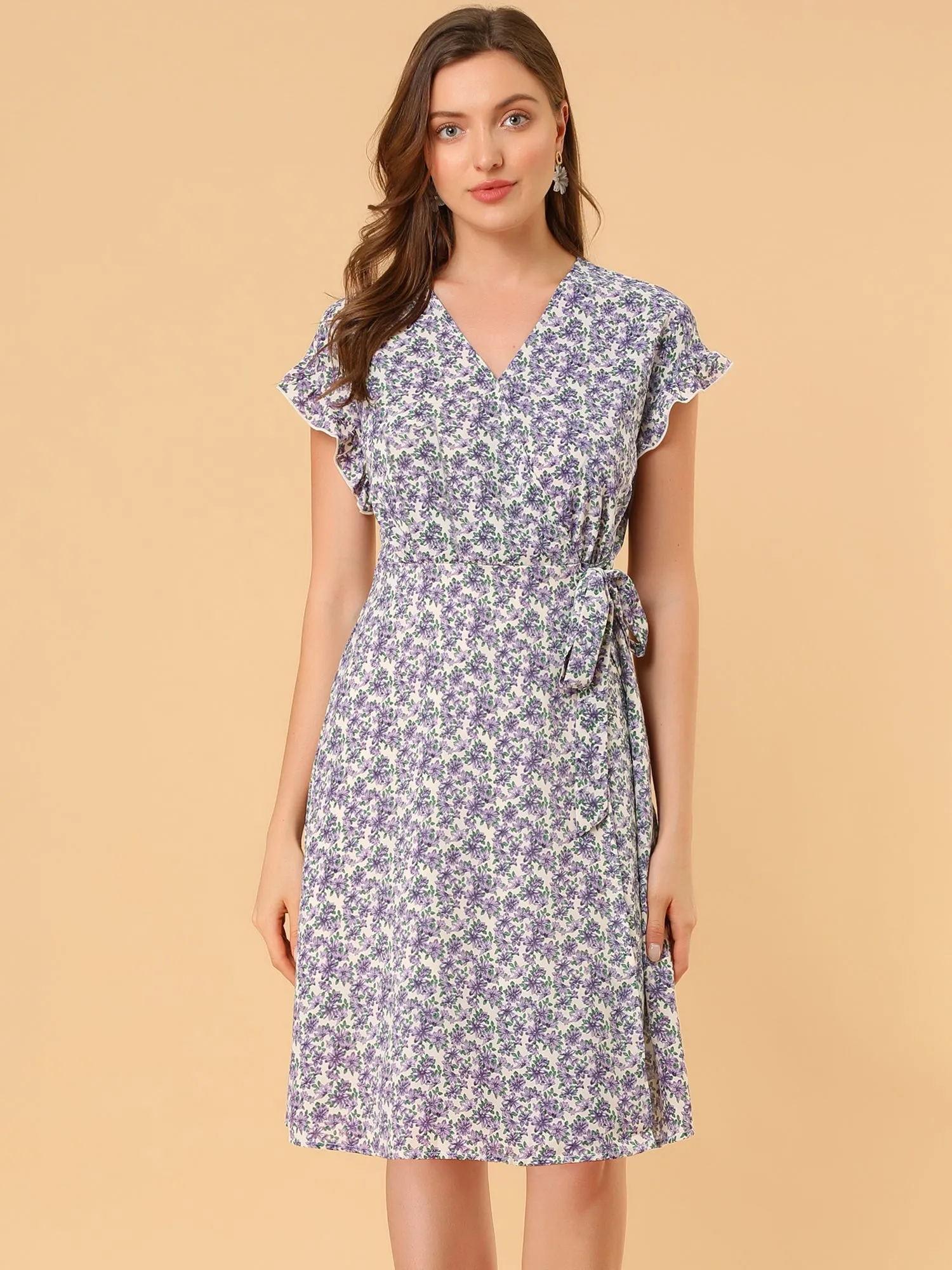 Ditsy Floral V Neck Ruffle Flutter Sleeve Midi Wrap Dress