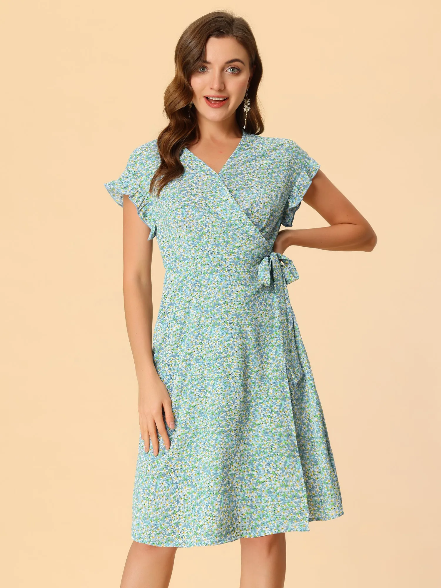 Ditsy Floral V Neck Ruffle Flutter Sleeve Midi Wrap Dress