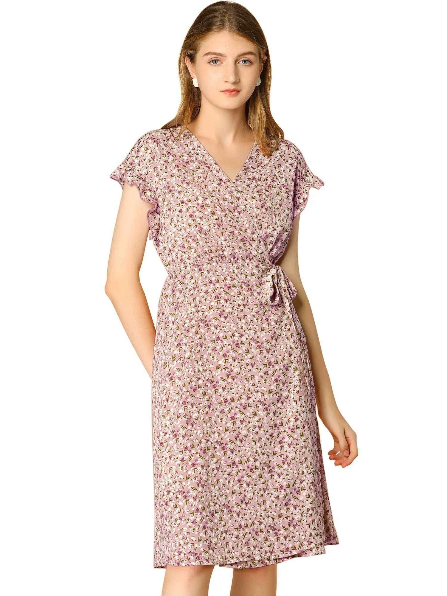 Ditsy Floral V Neck Ruffle Flutter Sleeve Midi Wrap Dress