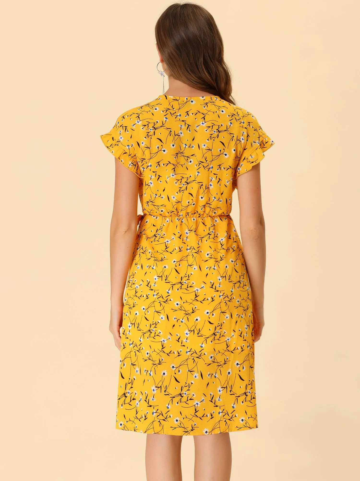Ditsy Floral V Neck Ruffle Flutter Sleeve Midi Wrap Dress