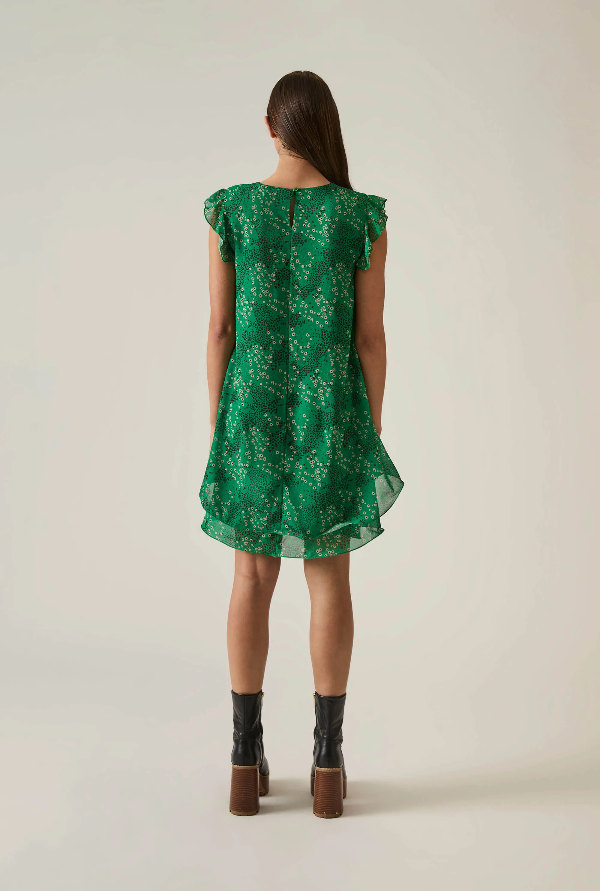 Dotted-Flower Mini Green Dress
