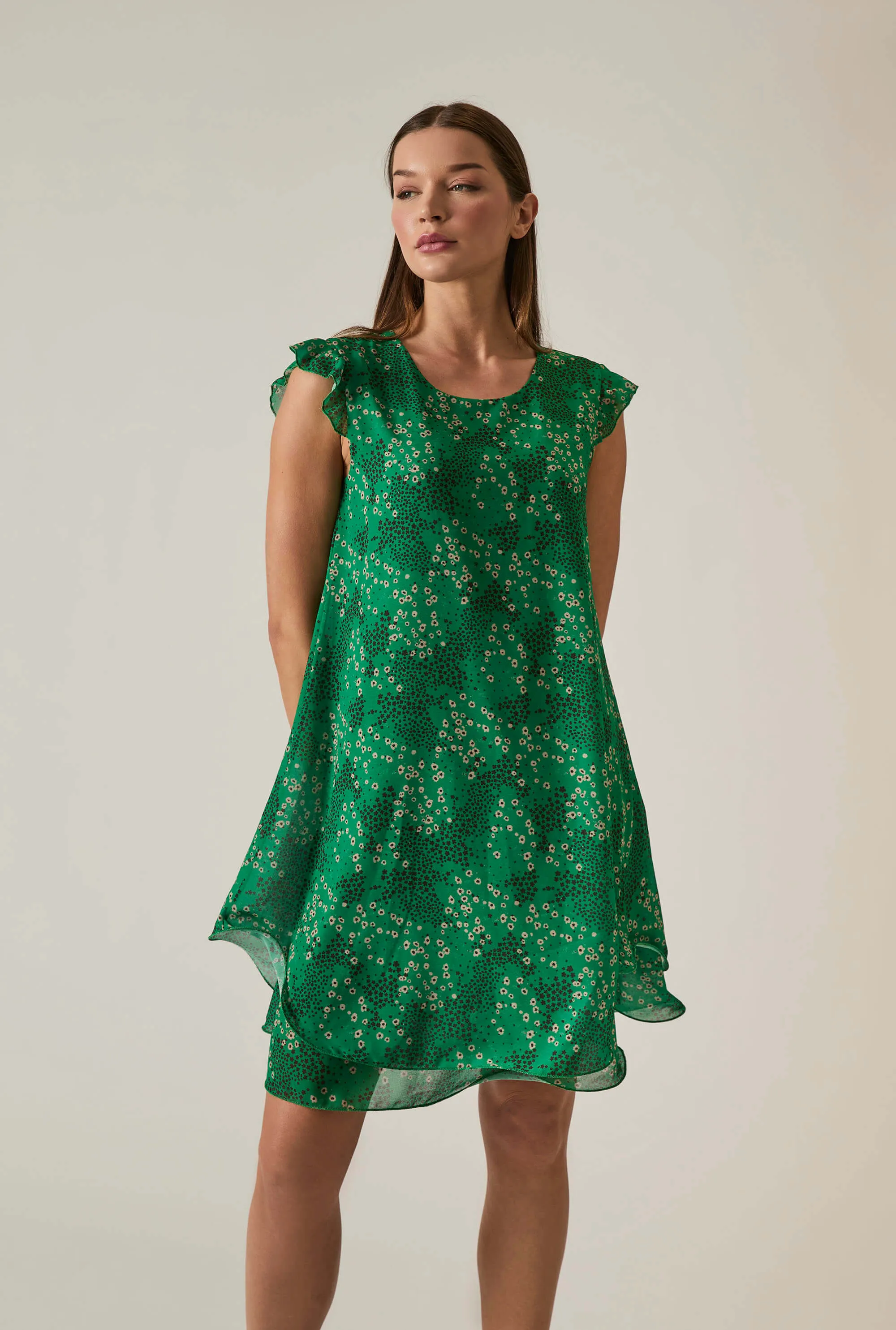 Dotted-Flower Mini Green Dress
