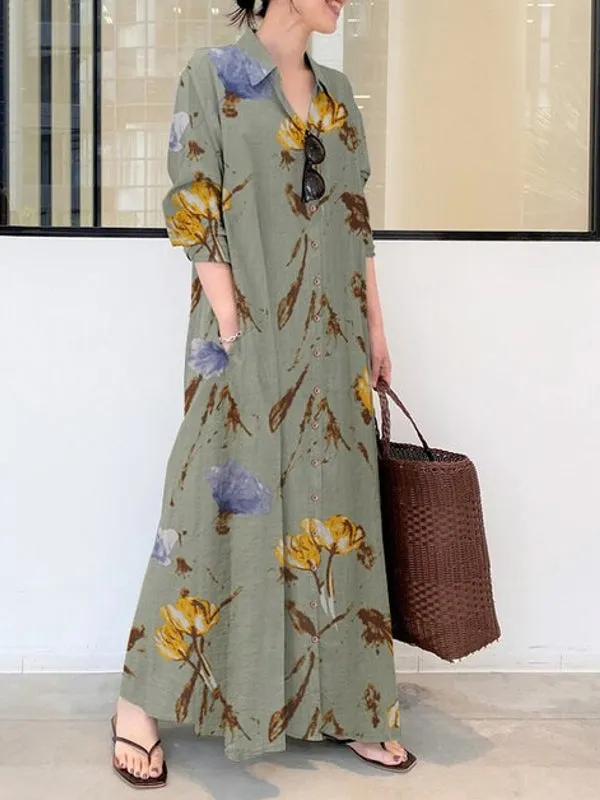 Ethnic Figure Print Lapel Long Sleeve Shirt Pocket Women Maxi Dress