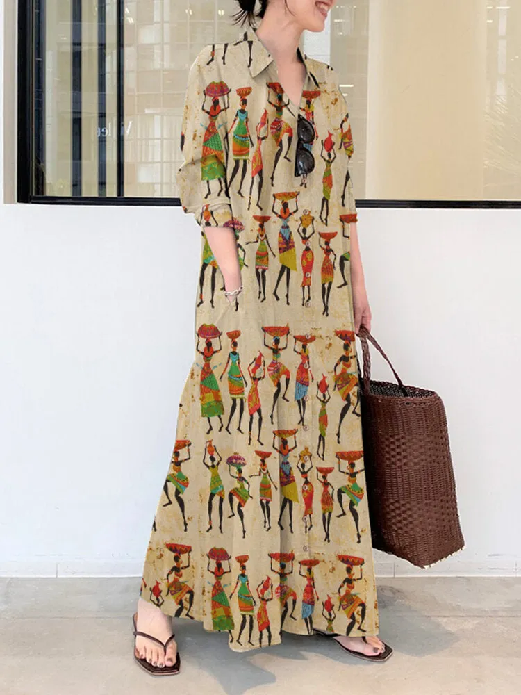 Ethnic Figure Print Lapel Long Sleeve Shirt Pocket Women Maxi Dress