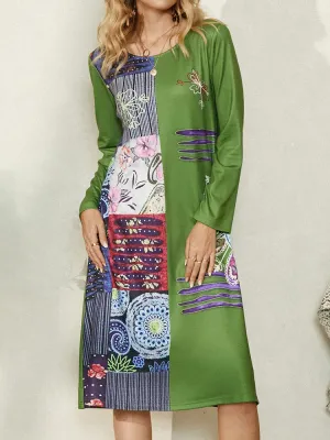 Ethnic Floral Print O-neck Long Sleeve Vintage Women Midi Dress