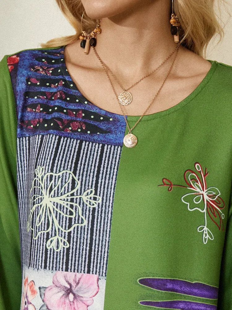 Ethnic Floral Print O-neck Long Sleeve Vintage Women Midi Dress