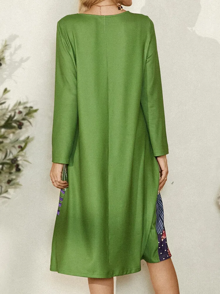 Ethnic Floral Print O-neck Long Sleeve Vintage Women Midi Dress