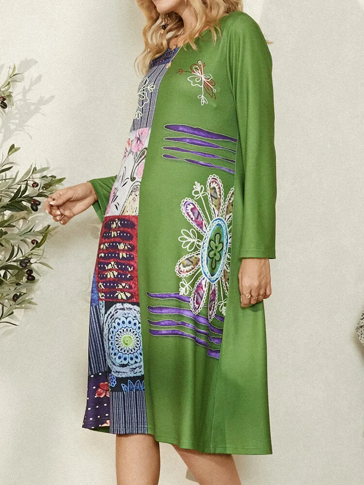 Ethnic Floral Print O-neck Long Sleeve Vintage Women Midi Dress